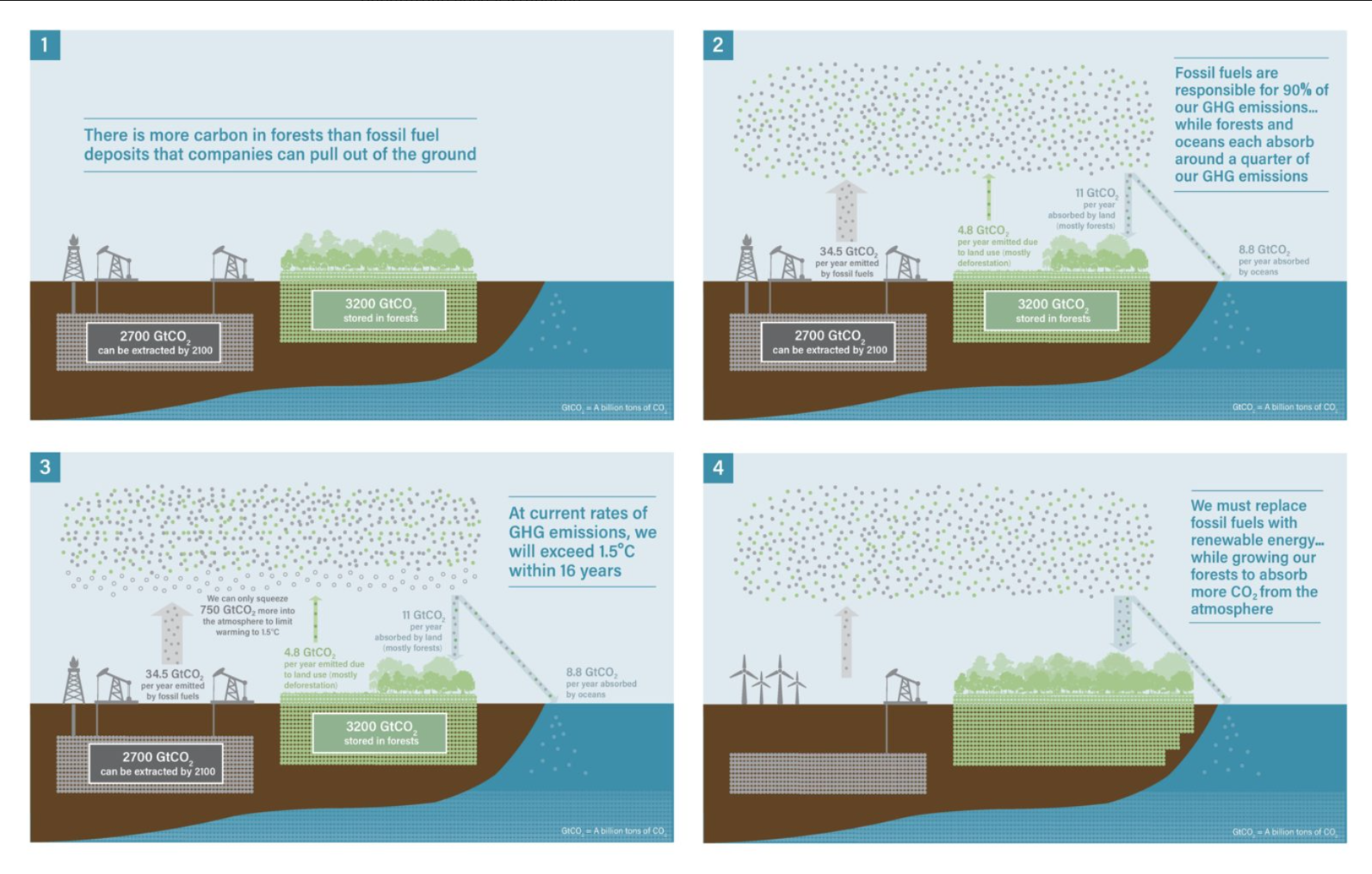 Bomen en wij samen tegen CO2 - illustratie uit het artikel van Leontien Aarnoudse op OneWorld.